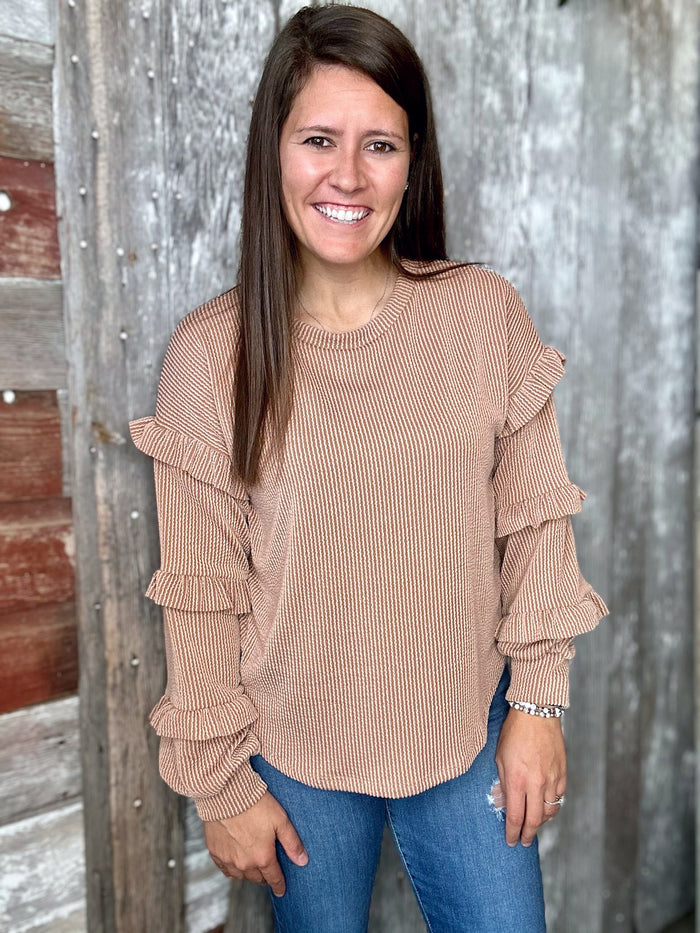 Light Mocha Ribbed Top with Ruffle Sleeve