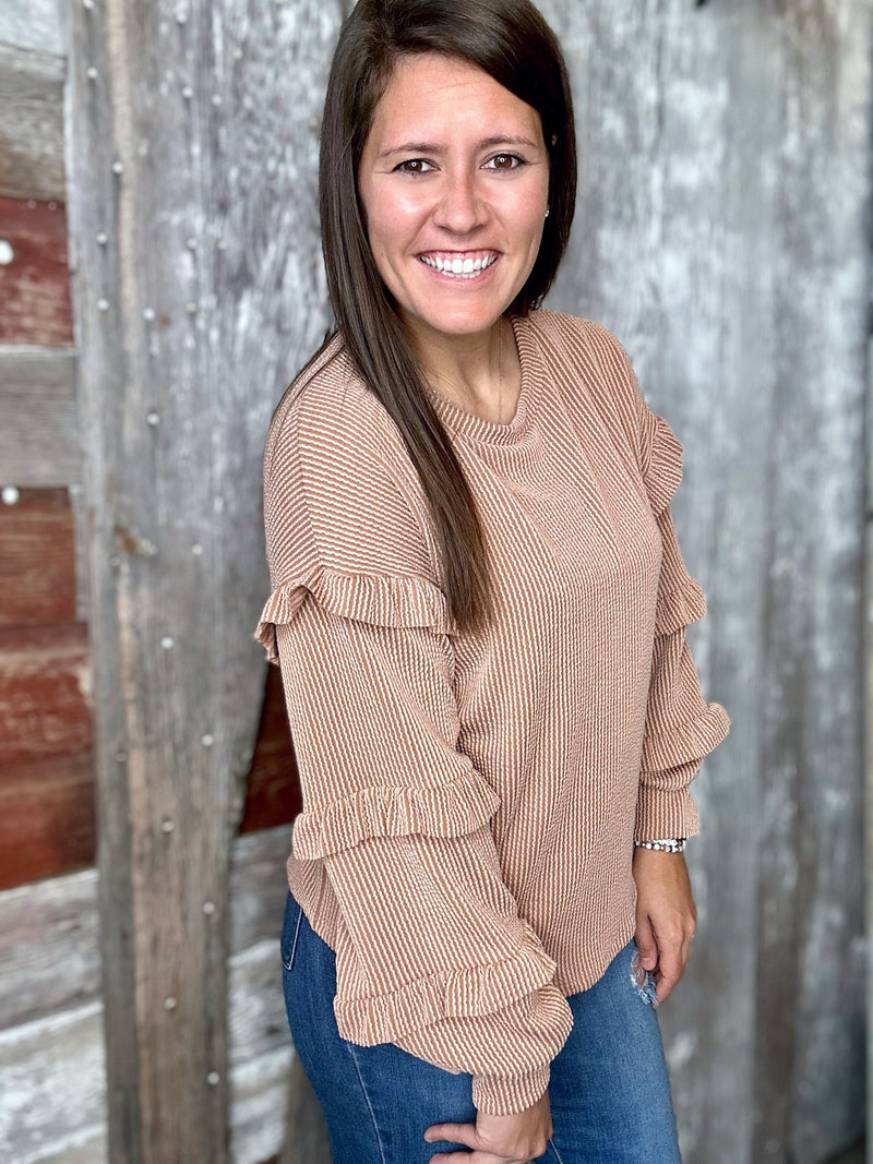 Light Mocha Ribbed Top with Ruffle Sleeve