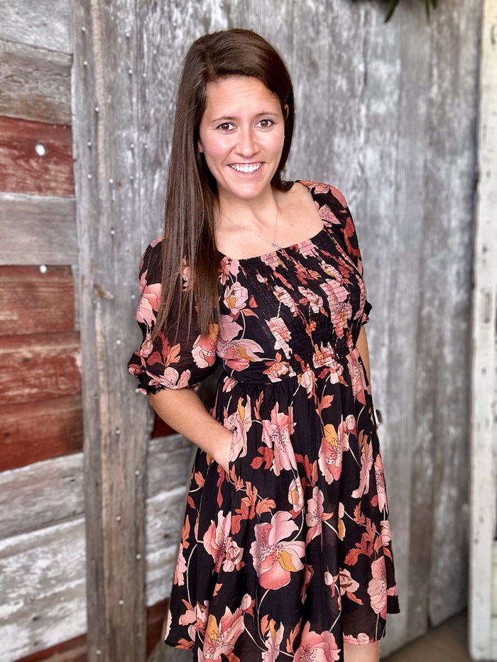 Black and Blush Romantic Floral Dress