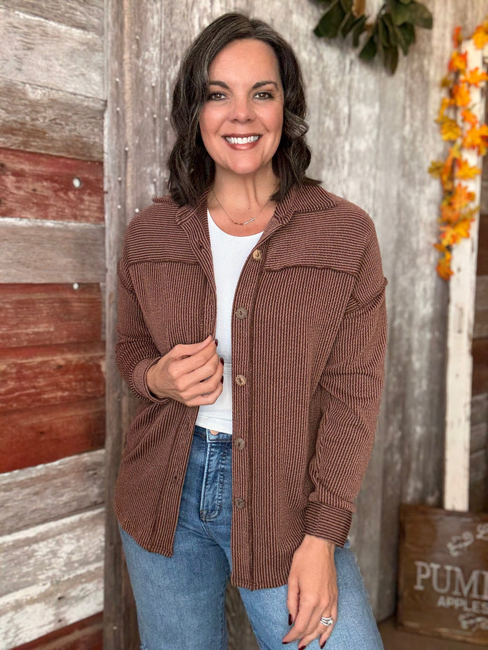 Brown Ribbed Button Down Shacket