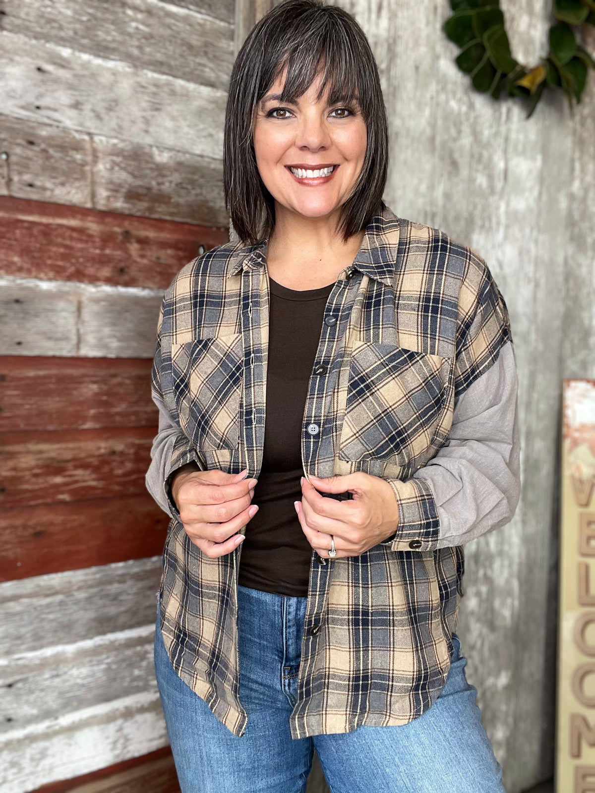 Plaid Snow Washed Button Down Top