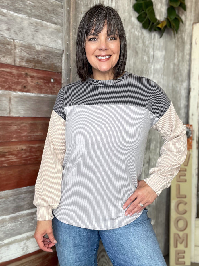 Grey Ribbed Color Block Top