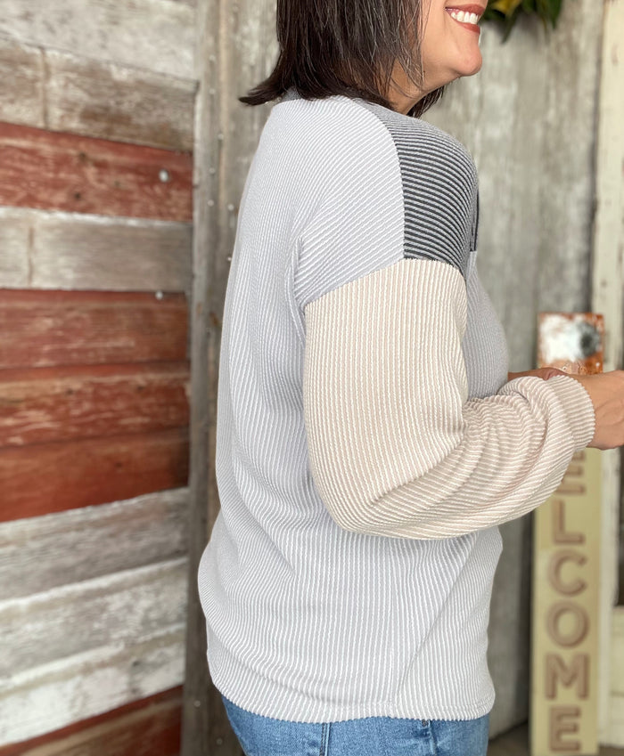 Grey Ribbed Color Block Top