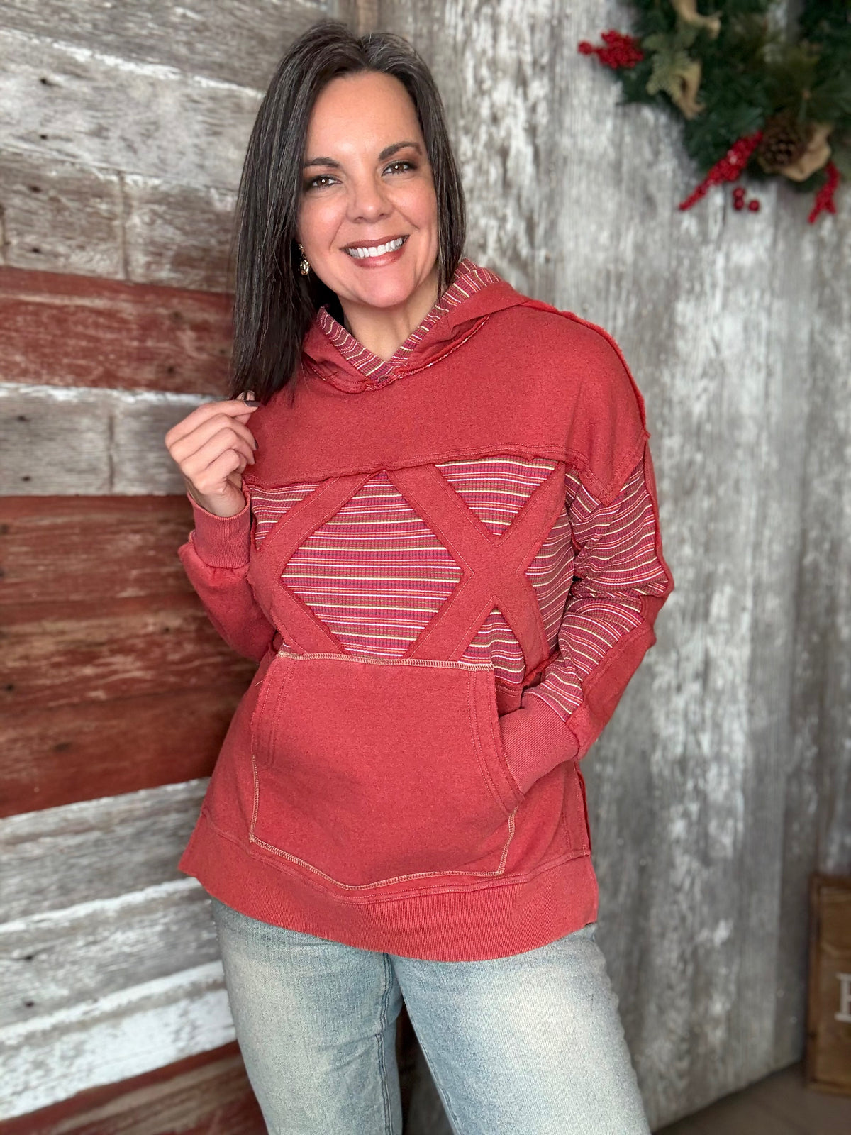 Boho Red Striped Mineral Wash Hoodie