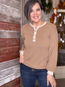 Ribbed Button Long Sleeve Top (2 Color Choices)