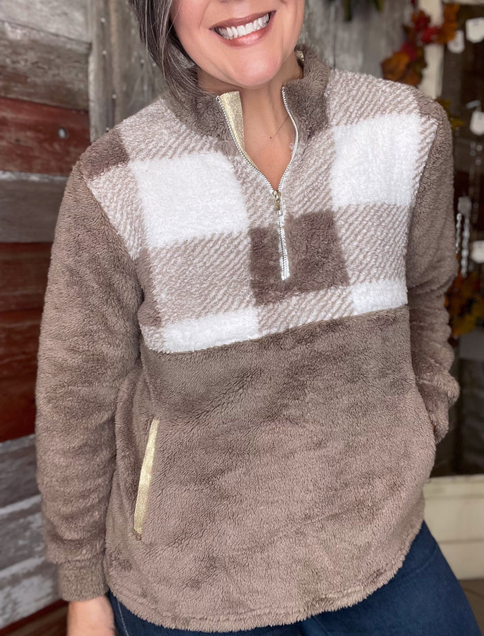 Beige Checkered Sherpa Pullover
