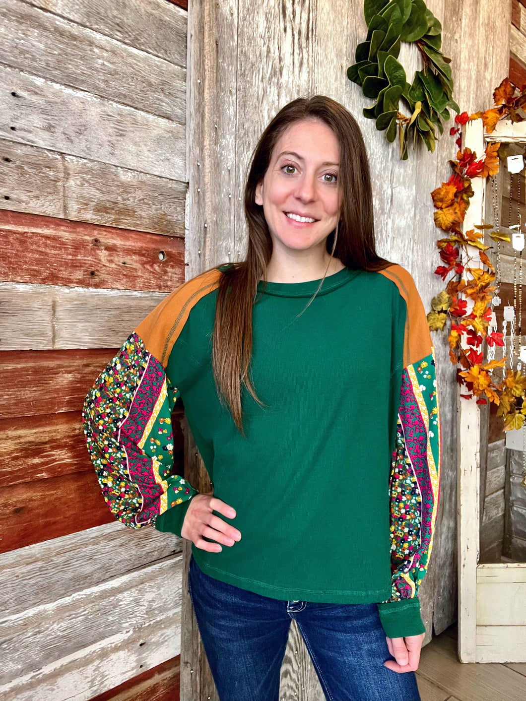 Emerald Color Block Top with Sleeve Details