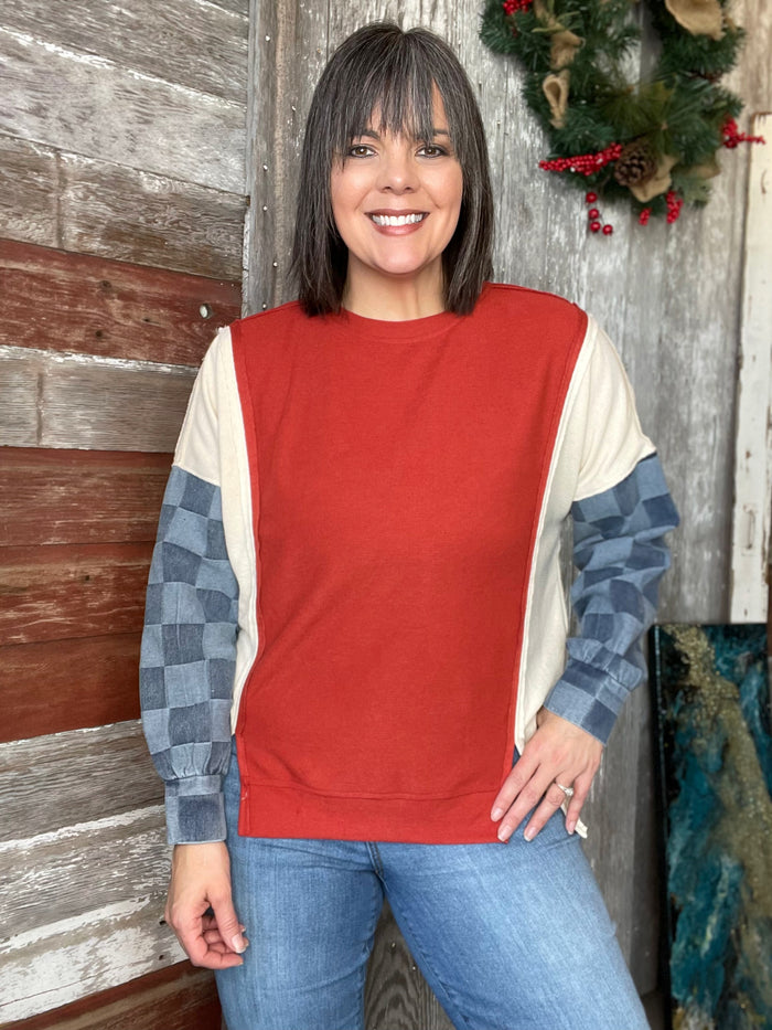 Rust Color Block Denim Sleeved Top