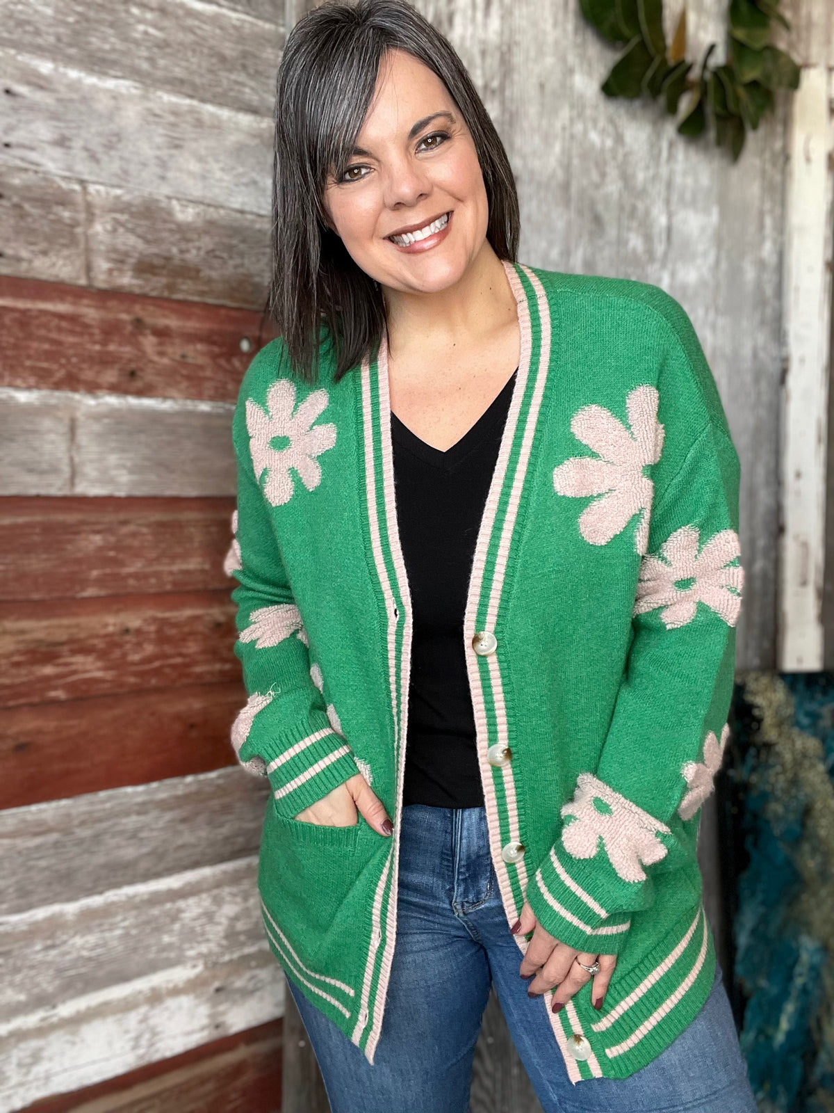 Kelly Green Floral Cardigan