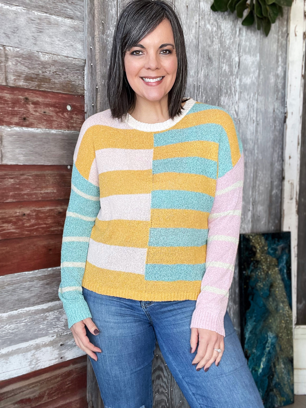 Mustard Aqua Striped Pullover