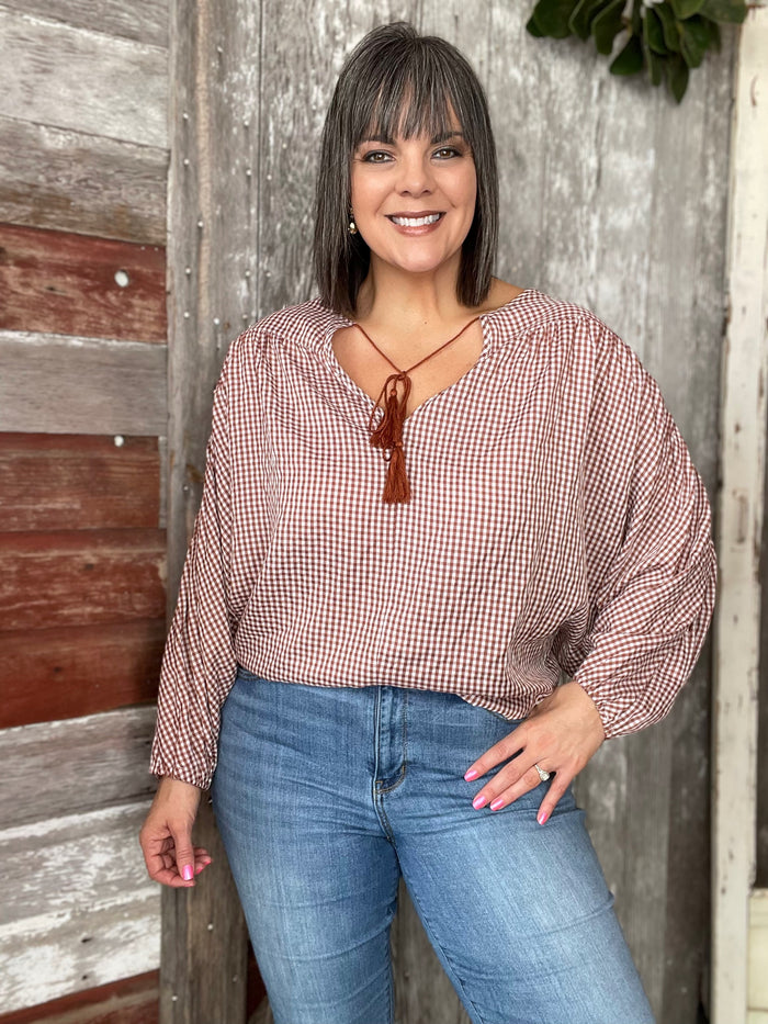 Sepia Gingham Tassel Top