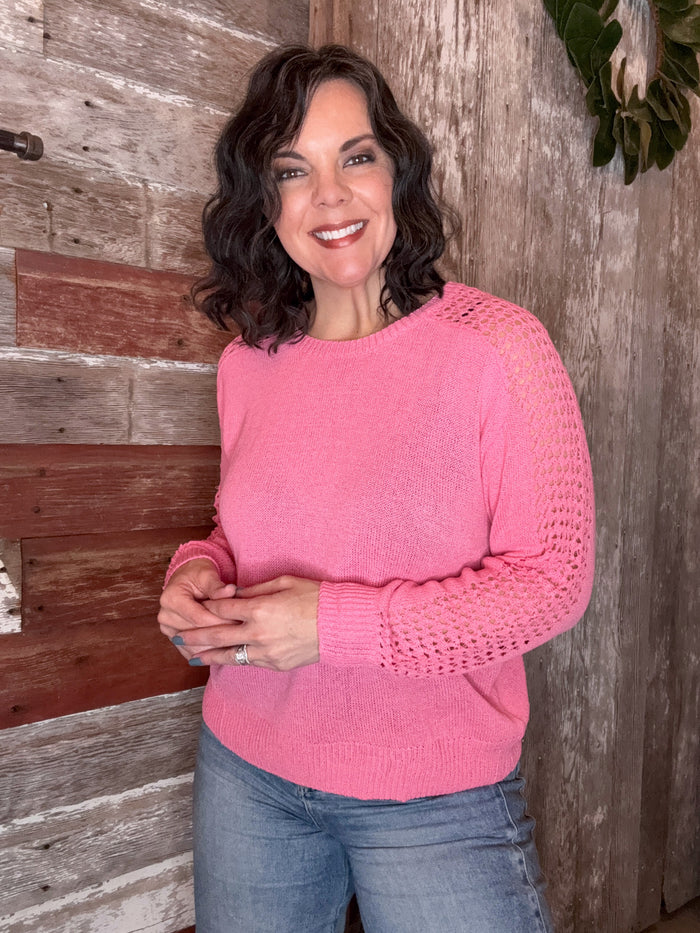 Candy Pink Crochet Sleeve Top