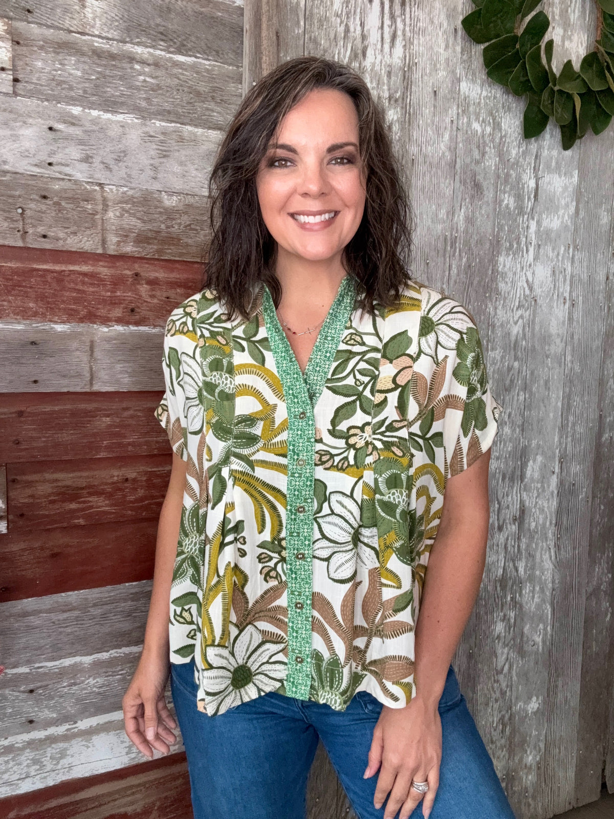 Olive Mixed Print Button Down Top