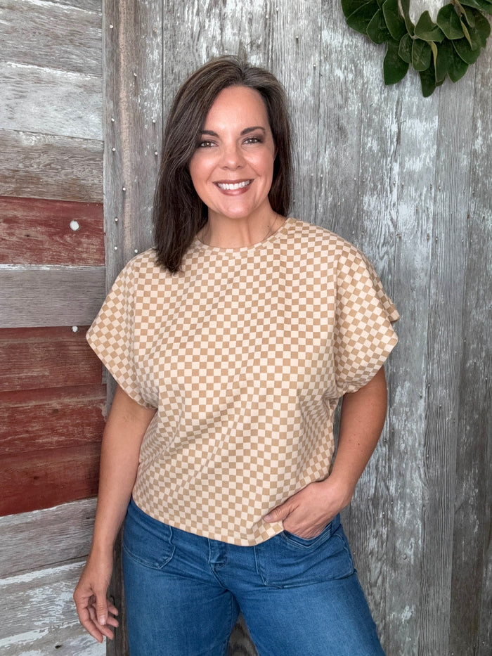 Almond Checkered Knit Top