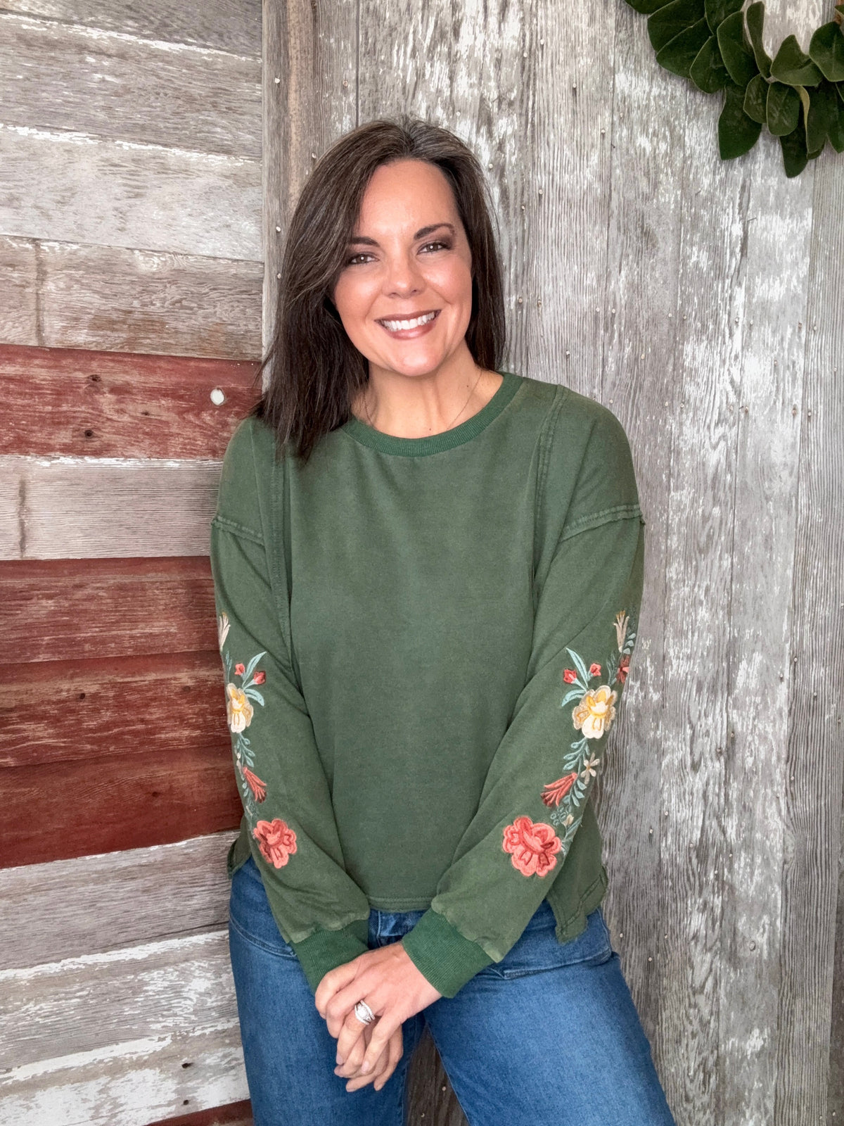Hunter Green Embroidered Sleeve Top