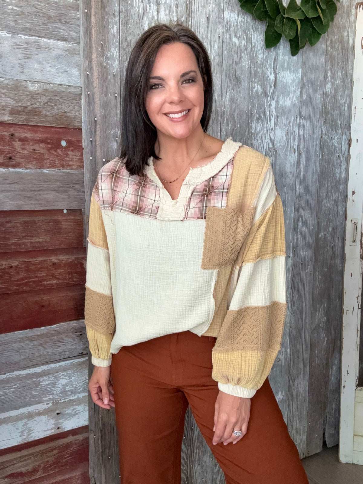 Khaki Plaid Mixed Print Top