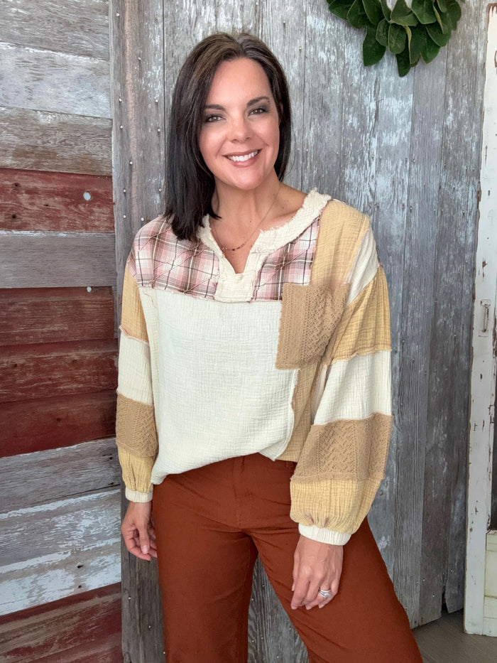 Khaki Plaid Mixed Print Top