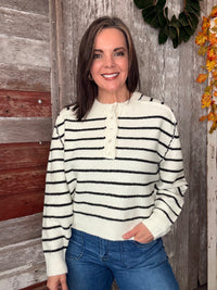 Ivory Striped Henley Sweater