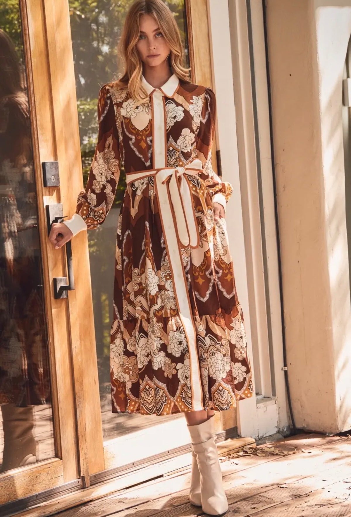 Mocha Retro Printed Midi Dress