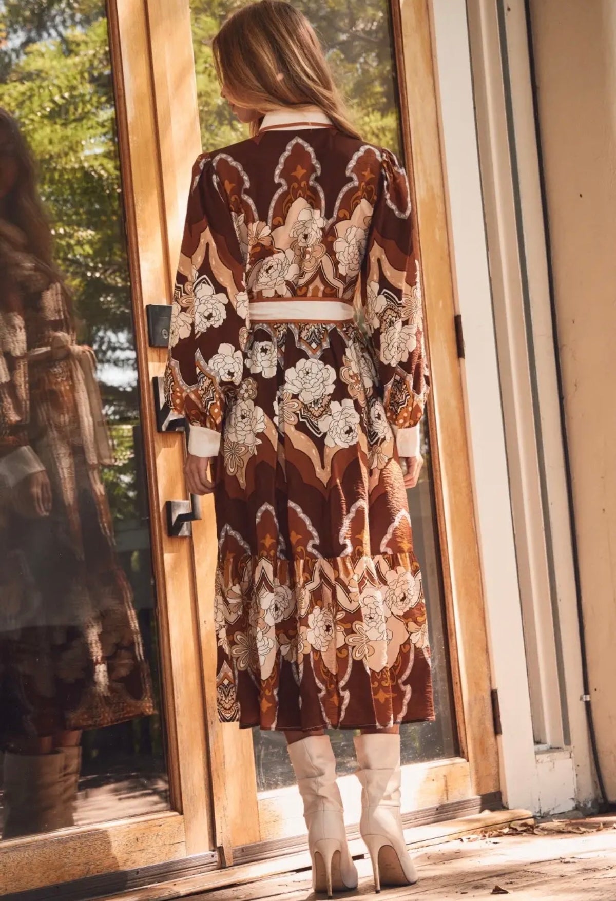 Mocha Retro Printed Midi Dress
