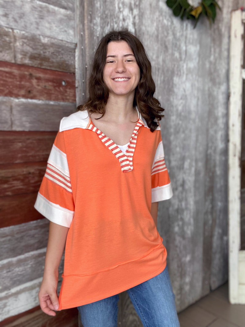 Orange Color Block Polo Top