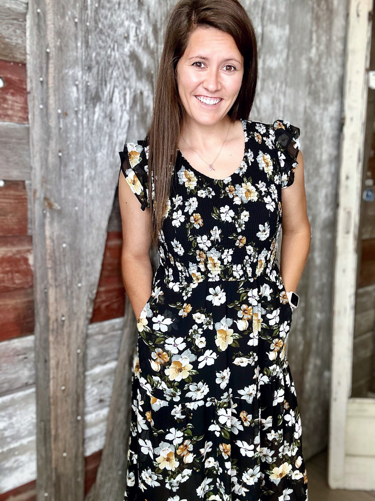 Black Floral Ruffle Sleeve Midi Dress