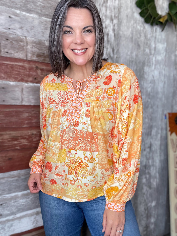 Orange Boho Patchwork Print Blouse