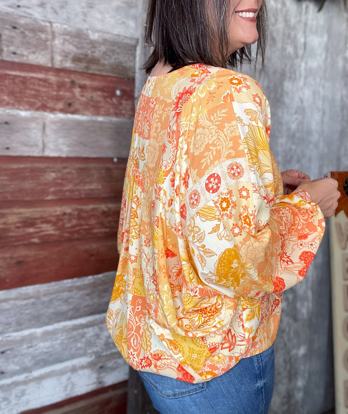 Orange Boho Patchwork Print Blouse