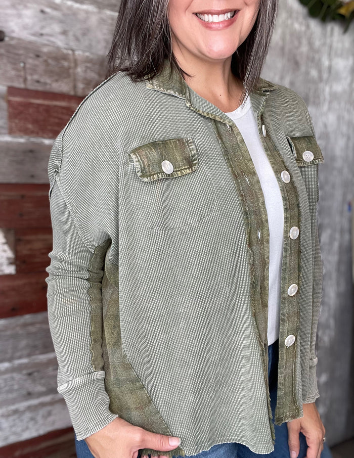 Olive Plaid Waffle Knit Shacket