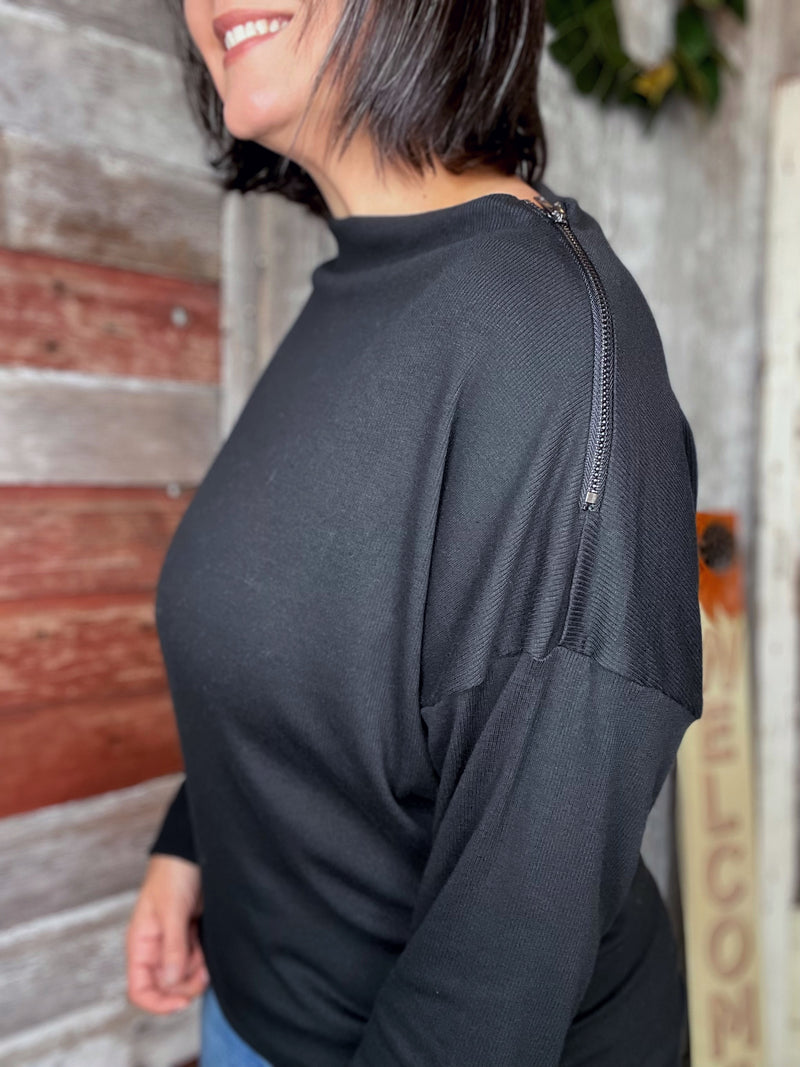 Black Ribbed Shoulder Zip Sweater