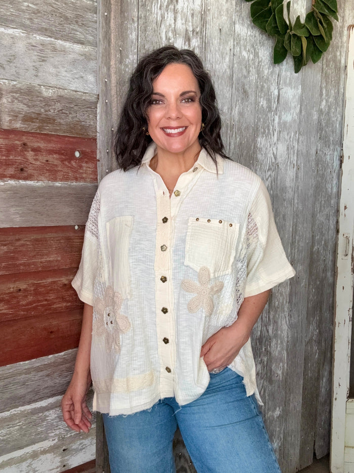 Natural Floral Lace Button Up Top