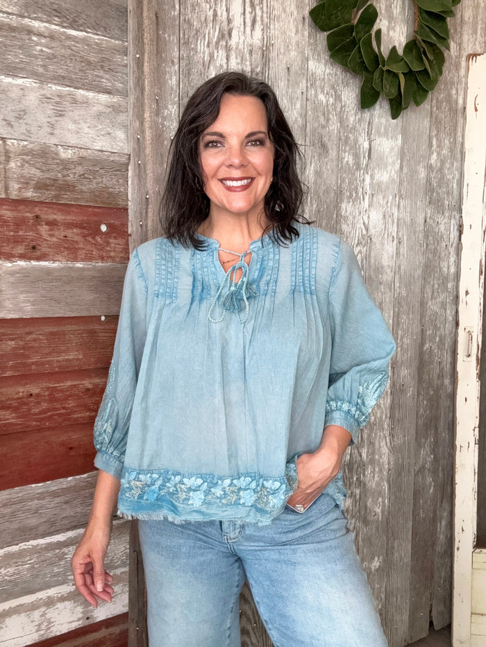 Denim Blue Embroidered Blouse