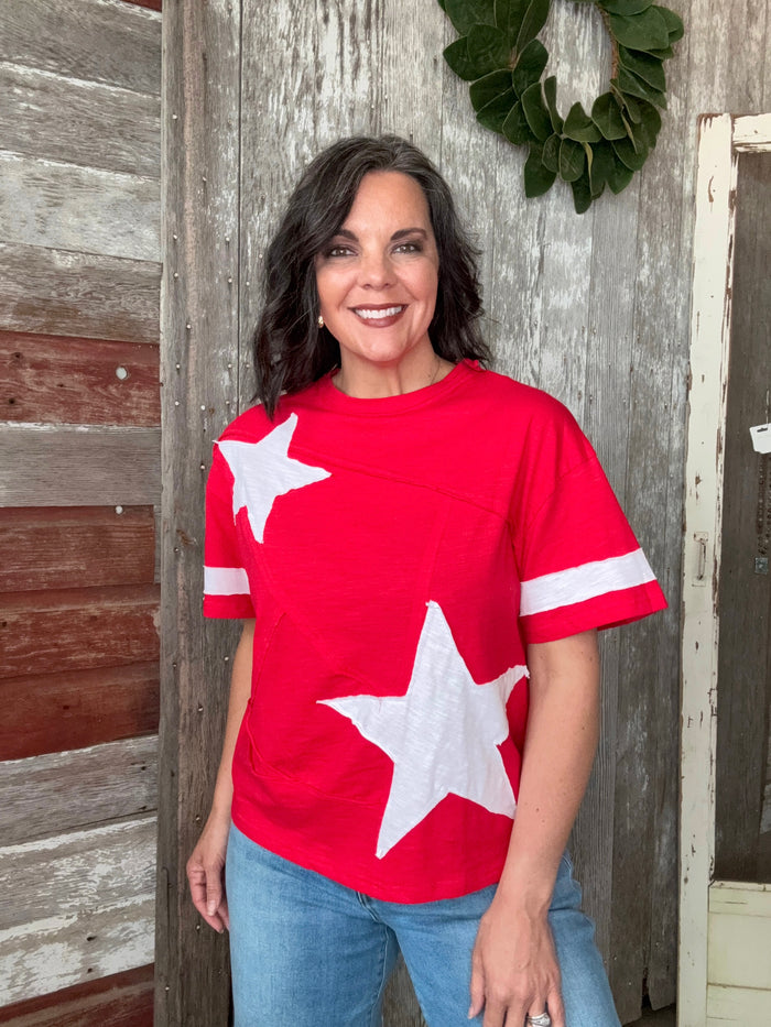 Red Slub Knit Star Top