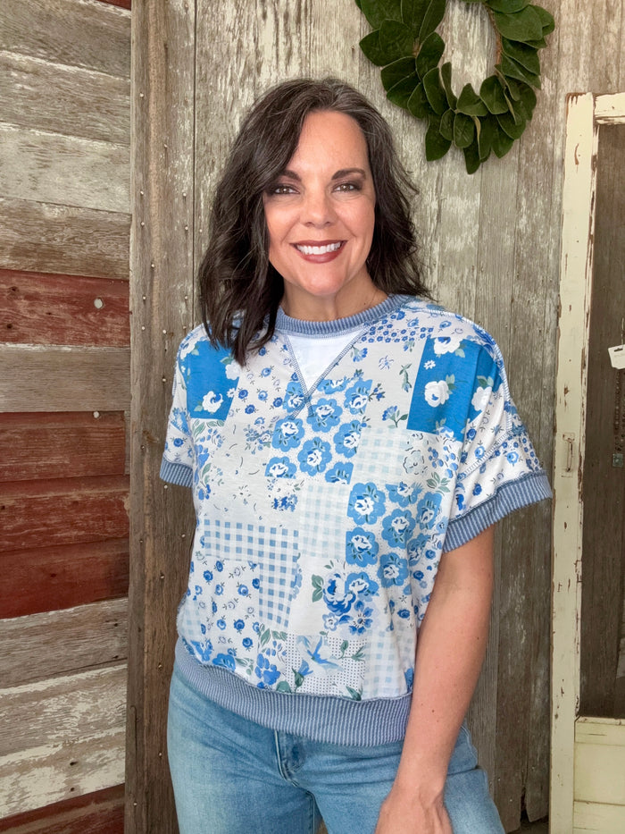 Denim and Ivory Mixed Print Top
