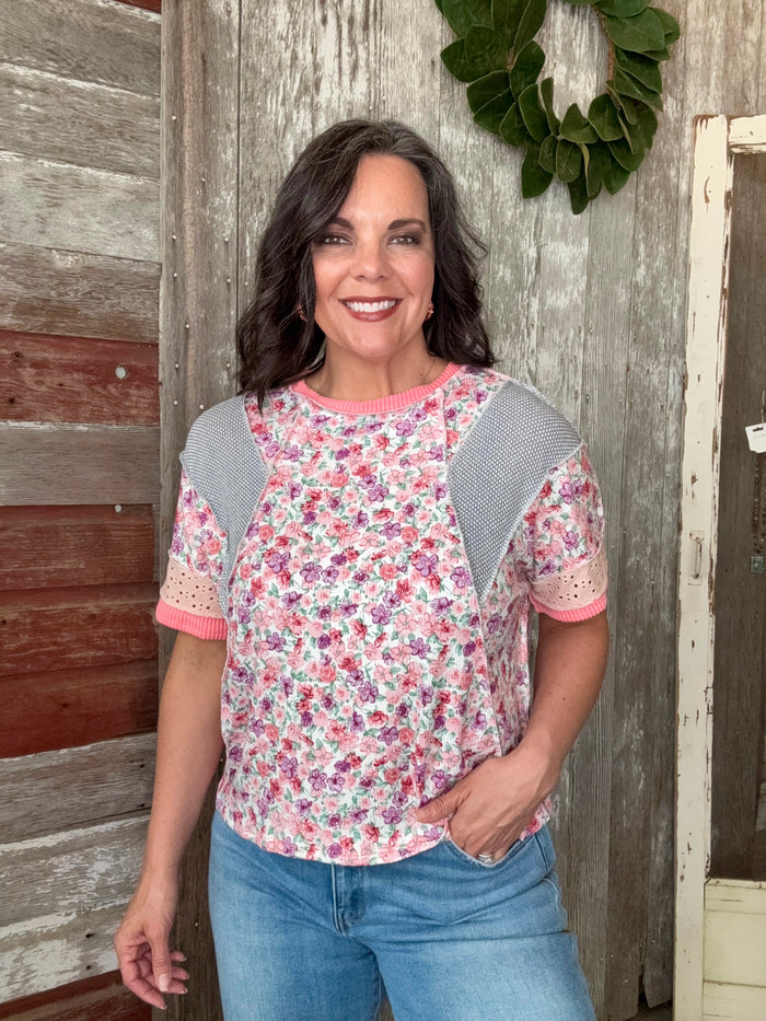Coral Floral Mixed Textured Top