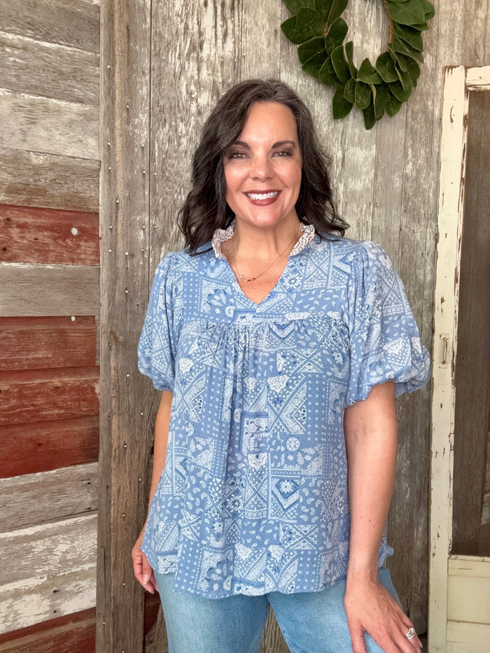 Denim Paisley Print Blouse