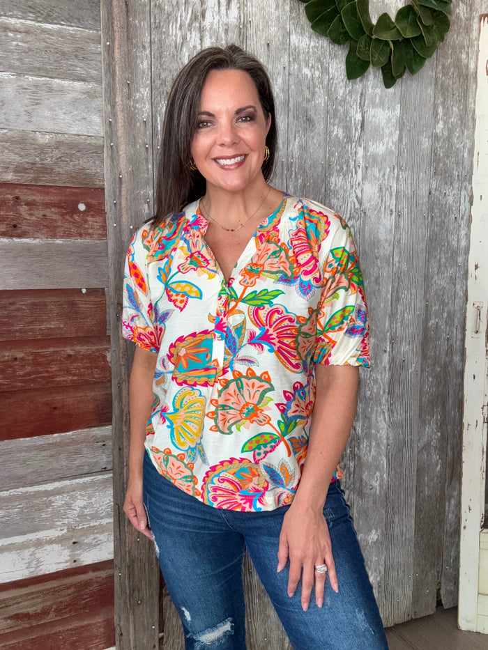Cream Paisley V Neck Blouse