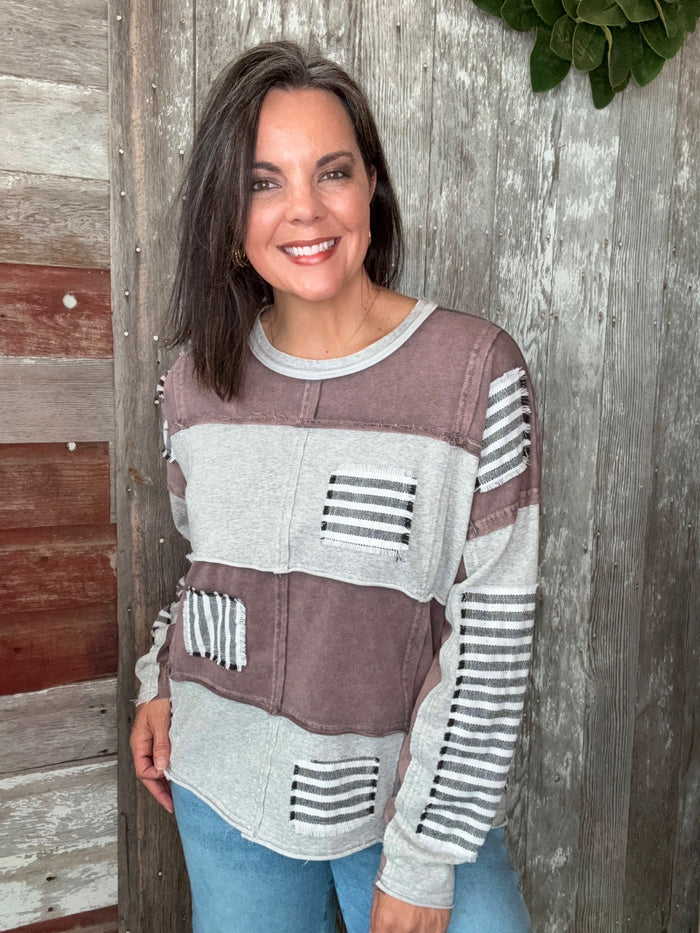 Grey Striped Patched Pullover