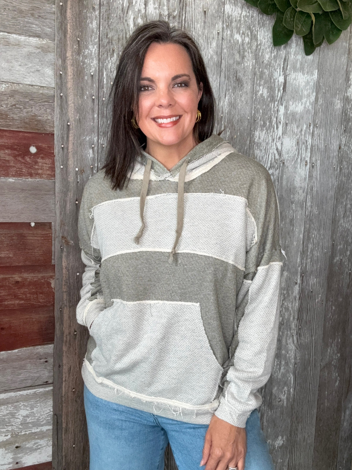 Olive Contrast Patched Sleeve Hoodie