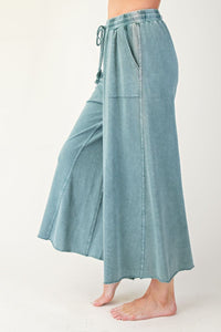 Teal Green Terry Knit Wide Leg Pants