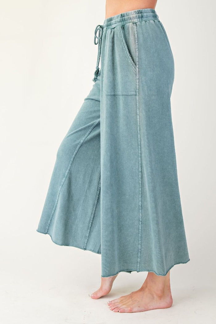 Teal Green Terry Knit Wide Leg Pants