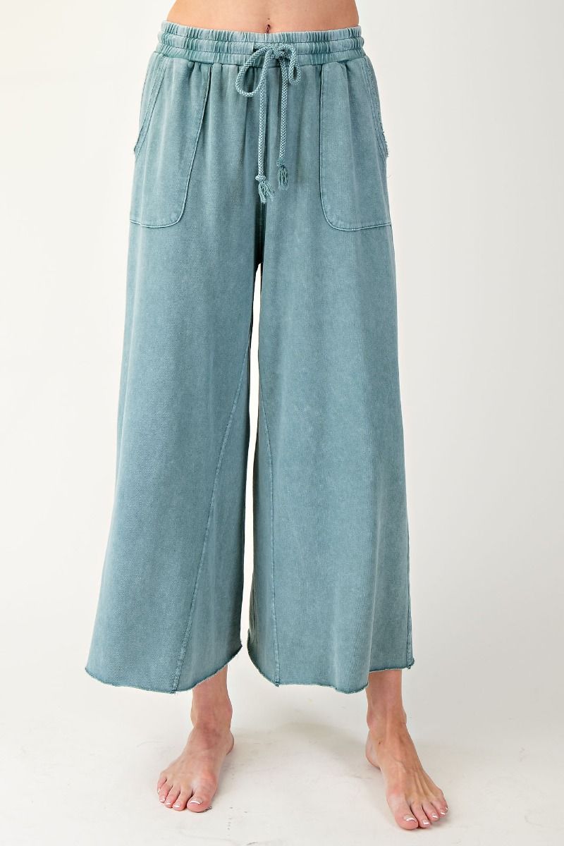 Teal Green Terry Knit Wide Leg Pants