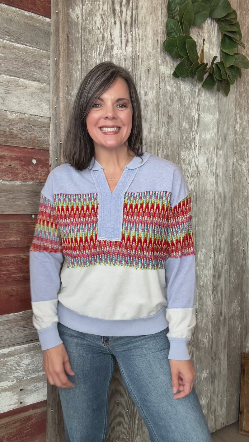 Washed Denim Crochet Pullover