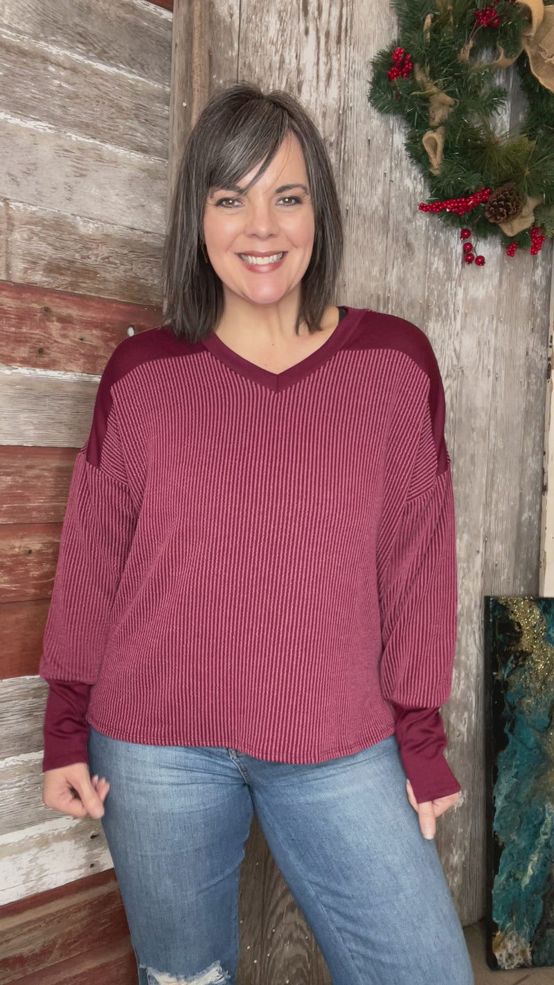 Burgundy Ribbed  V Neck Top