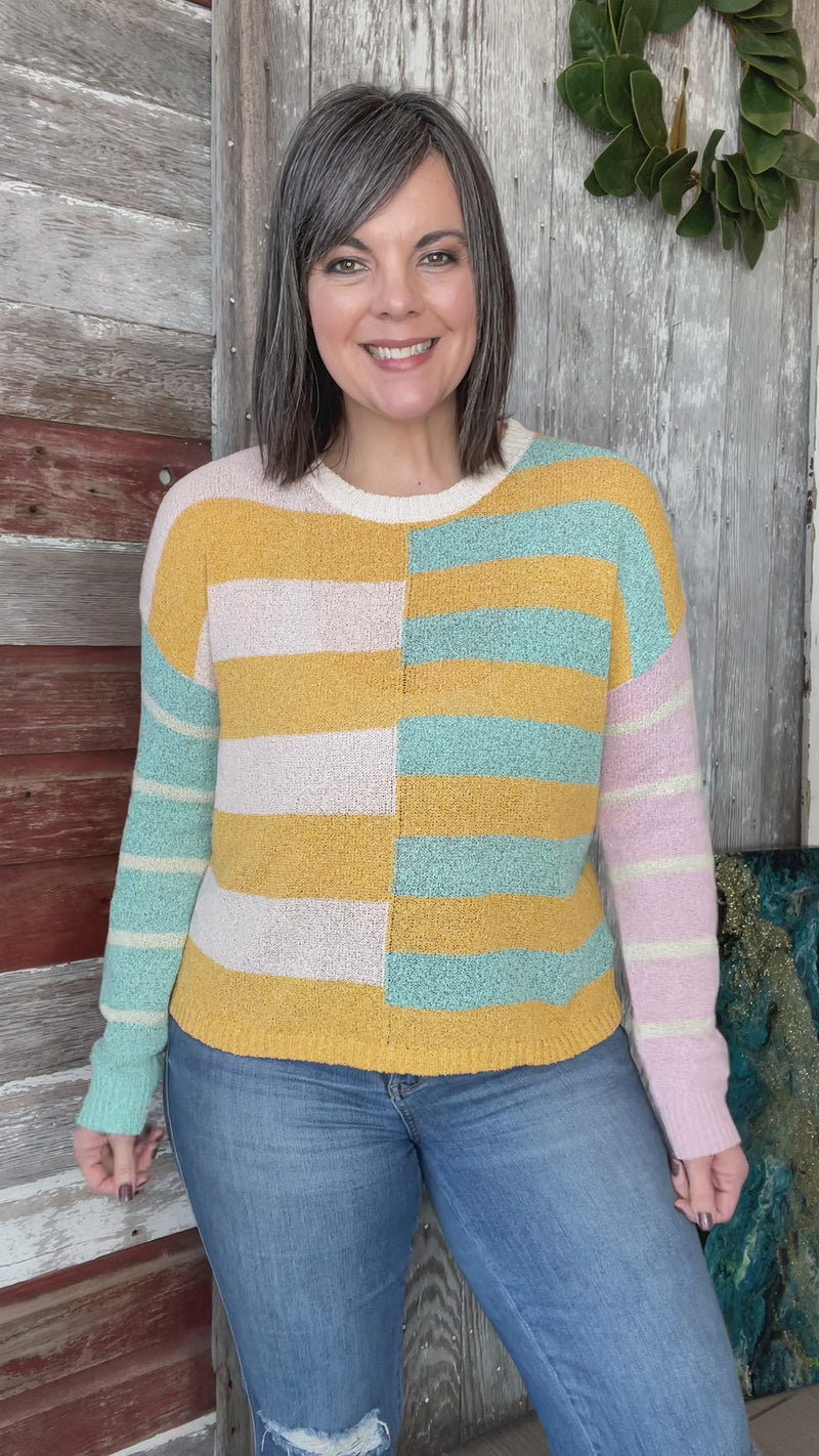 Mustard Aqua Striped Pullover