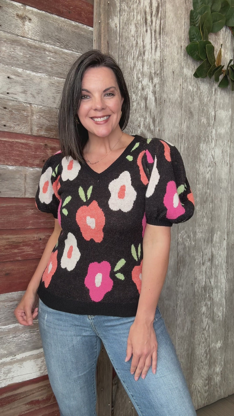 Black Floral V Neck Sweater