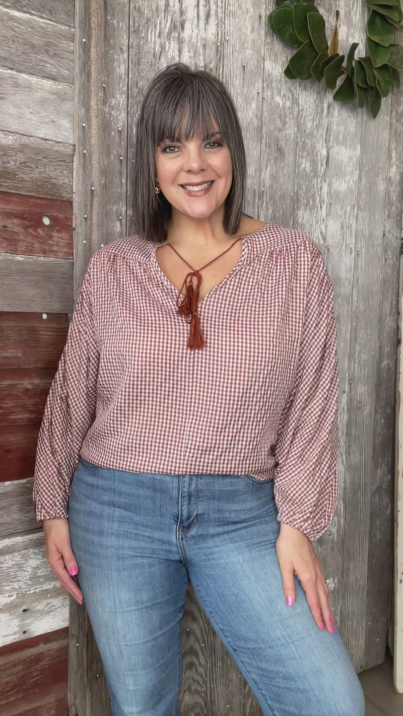 Sepia Gingham Tassel Top