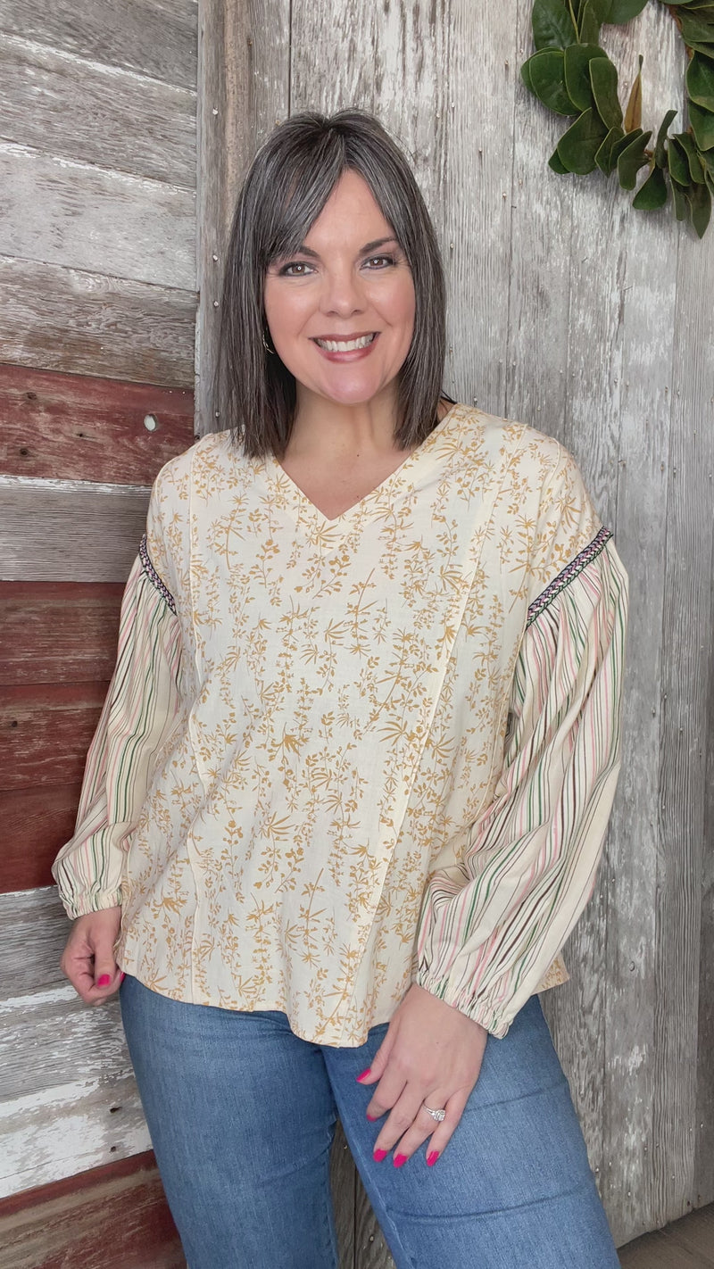 Caramel Floral Striped Sleeve Top