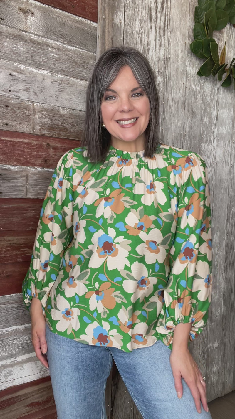 Kelly Green Floral Blouse