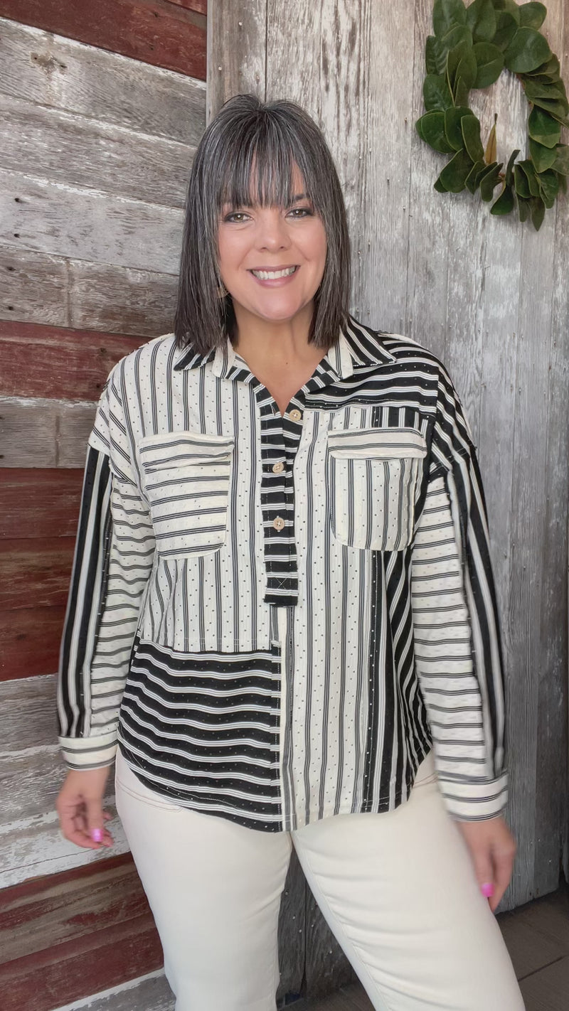 Black Striped Collared Top